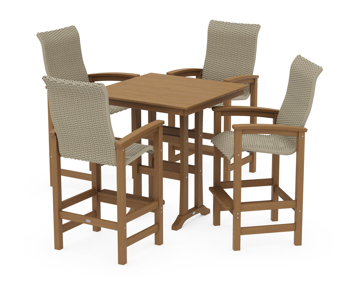 POLYWOOD Coastal Woven High-Back 5-Piece Farmhouse Bar Set with Trestle Legs in Natural / Dune Grass