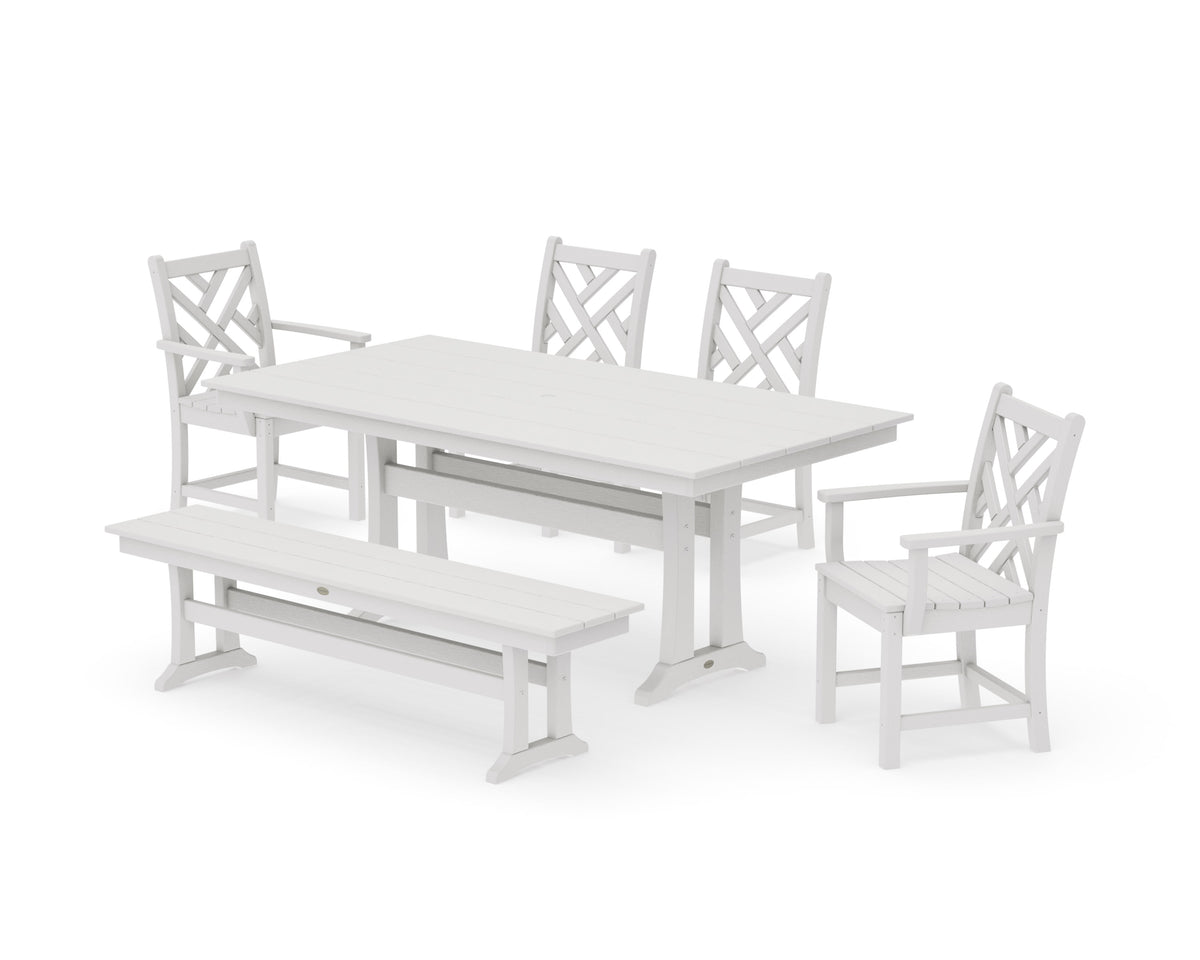 POLYWOOD Chippendale 6-Piece Farmhouse Dining Set with Trestle Legs in Vintage White