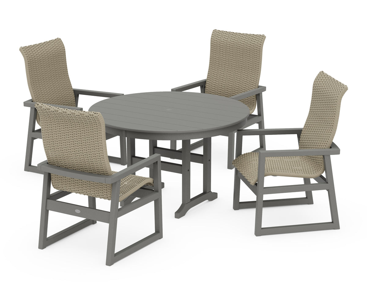 POLYWOOD EDGE Woven High-Back 5-Piece Round Farmhouse Dining Set in Slate Grey / Dune Grass