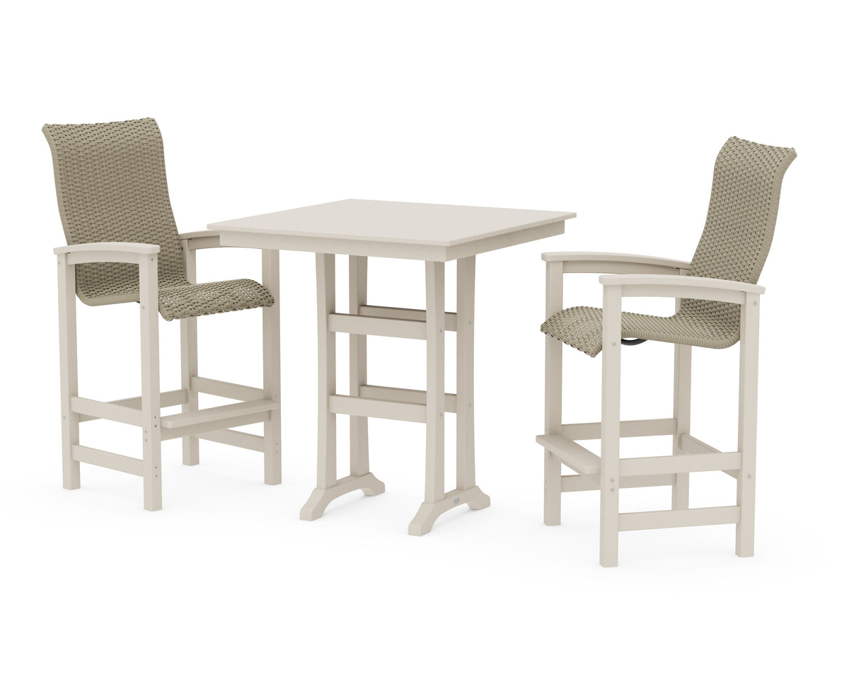 POLYWOOD Coastal Woven High-Back 3-Piece Farmhouse Bar Set with Trestle Legs in Sand / Dune Grass