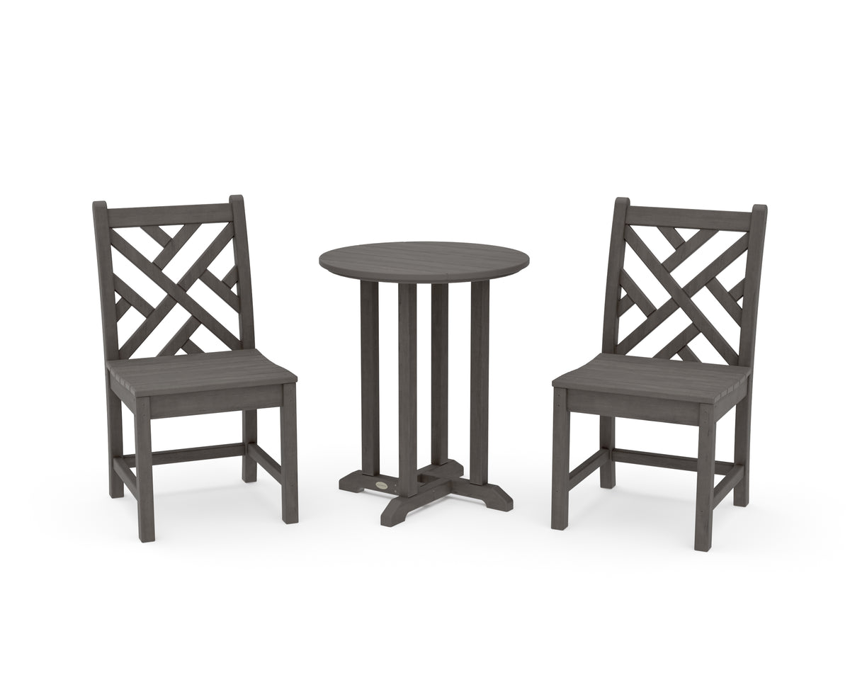 POLYWOOD Chippendale Side Chair 3-Piece Round Bistro Dining Set in Driftwood