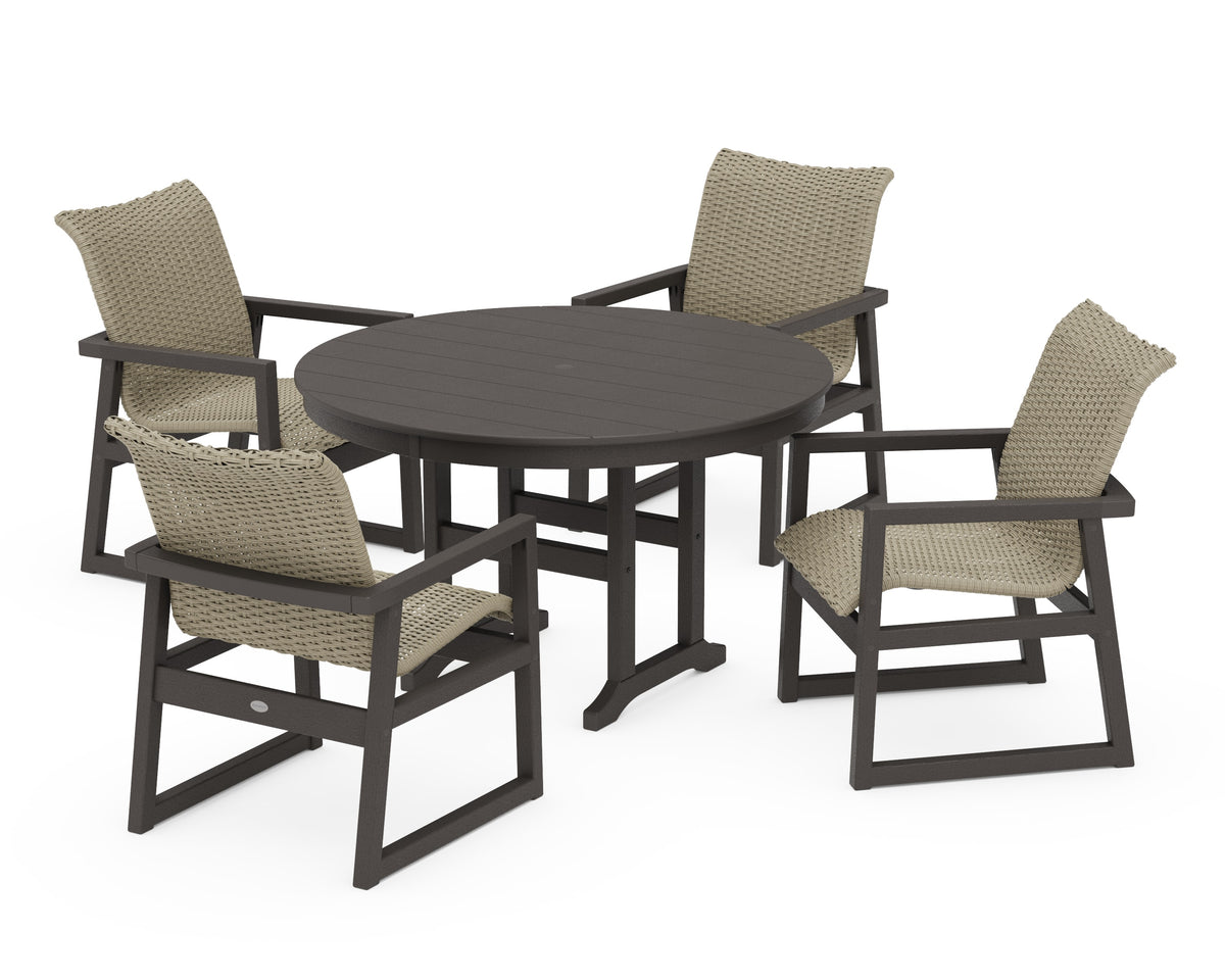 POLYWOOD EDGE Woven 5-Piece Round Farmhouse Dining Set in Vintage Coffee / Dune Grass