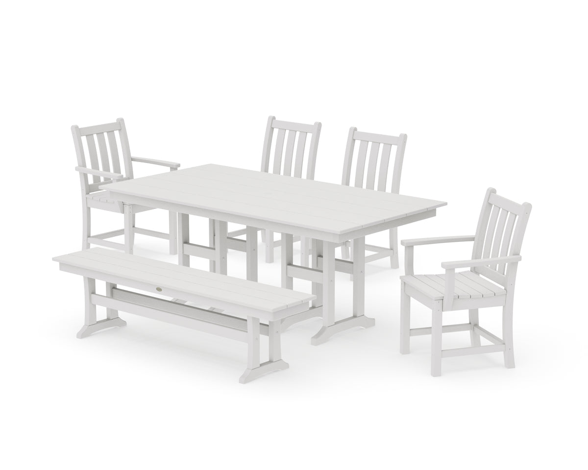 POLYWOOD Traditional Garden 6-Piece Farmhouse Dining Set with Bench in Vintage White