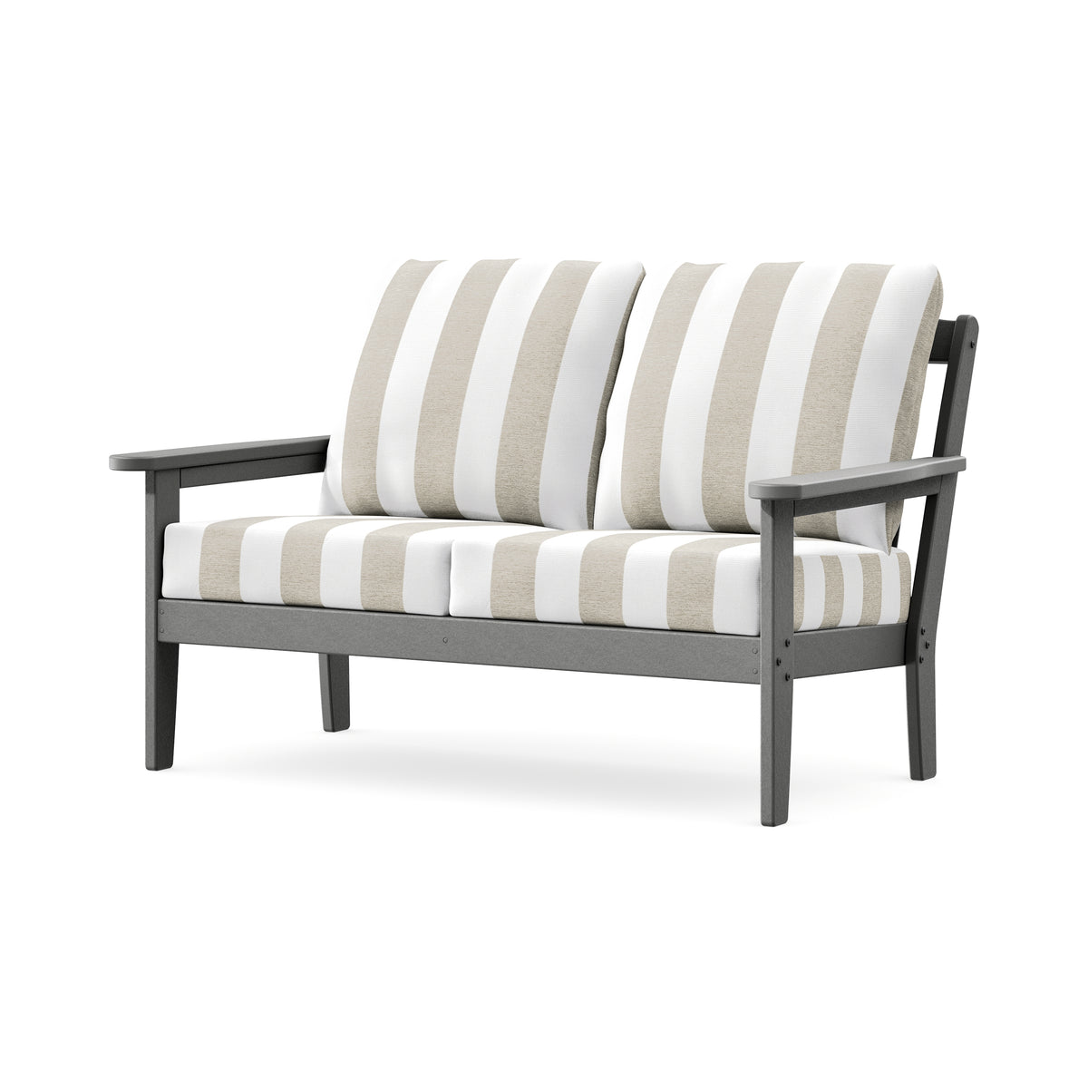 POLYWOOD Cottage Deep Seating Loveseat in Slate Grey / Cabana Stripe Dune Burlap