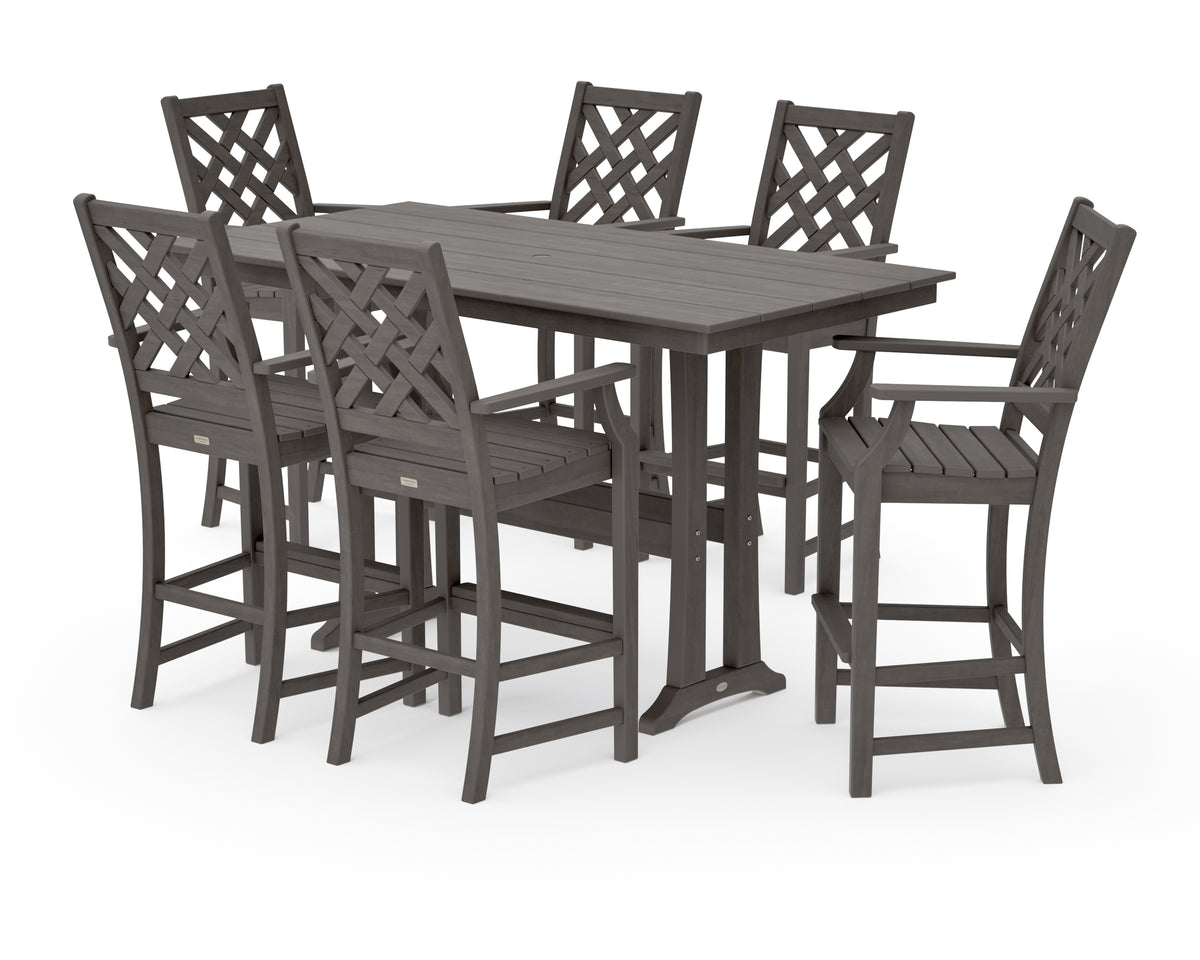 POLYWOOD Country Living Wovendale Arm Chair 7-Piece Farmhouse Bar Set with Trestle Legs in Driftwood