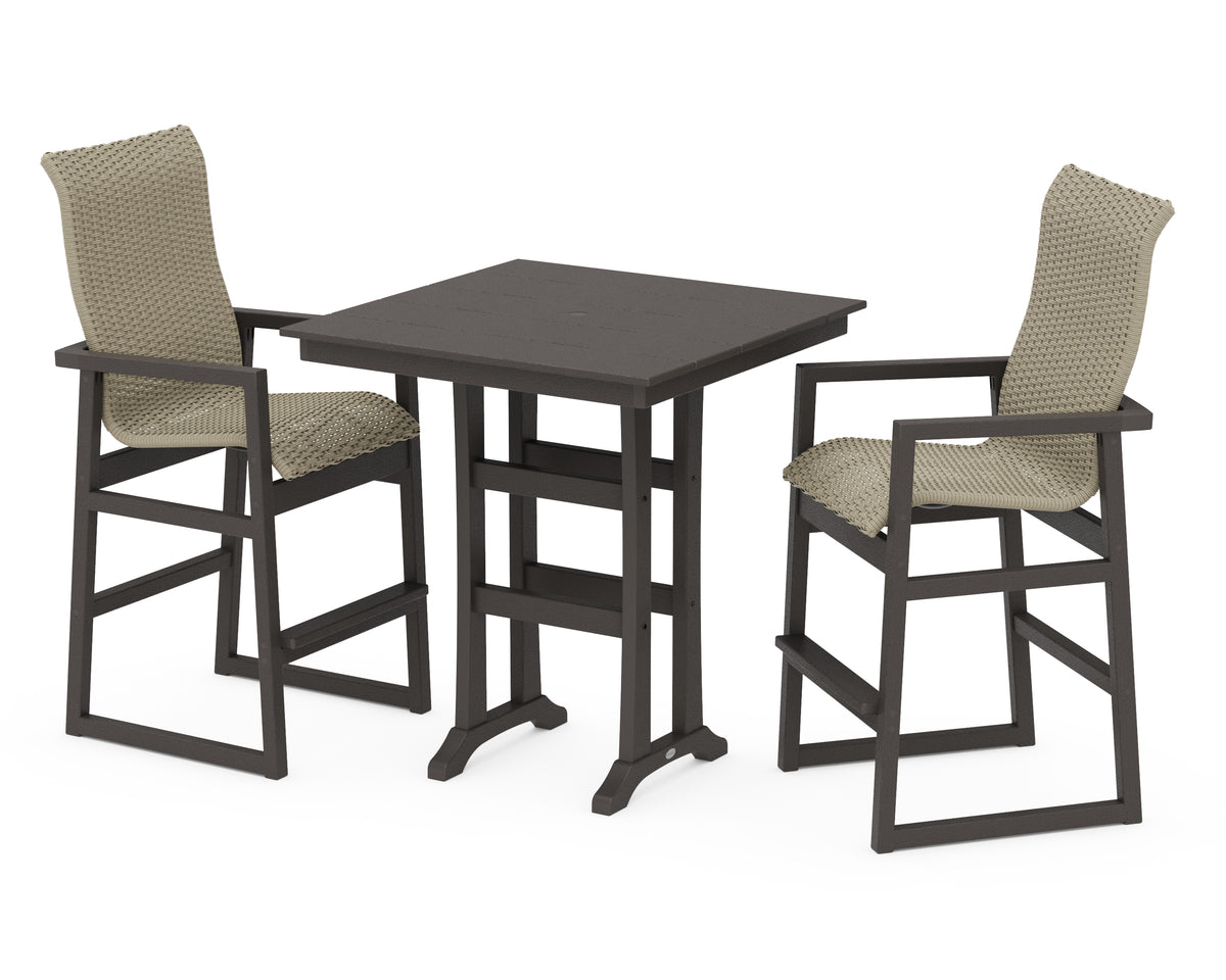 POLYWOOD EDGE Woven Highback 3-Piece Farmhouse Bar Set with Trestle Legs in Vintage Coffee / Dune Grass