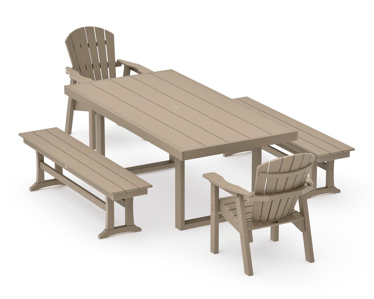 POLYWOOD Seashell 5-Piece Dining Set with Benches - 40" x 78" Table in Vintage Sahara