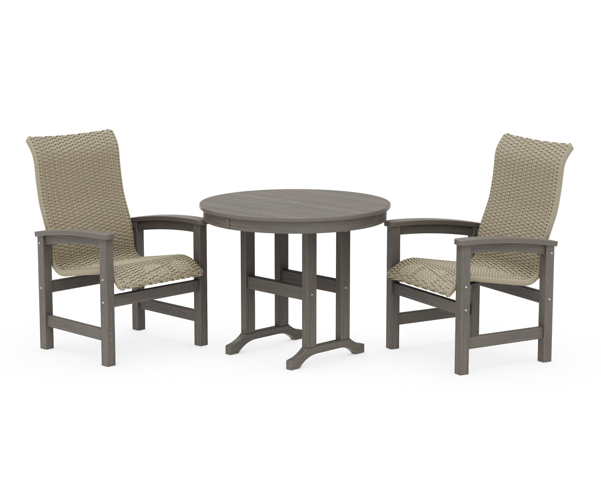 POLYWOOD Coastal Woven High-Back 3-Piece Farmhouse Dining Set in Driftwood / Dune Grass