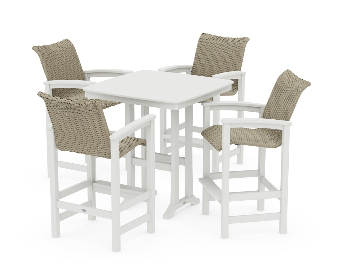 POLYWOOD Coastal Woven 5-Piece Bar Set with Trestle Legs in Vintage White / Dune Grass