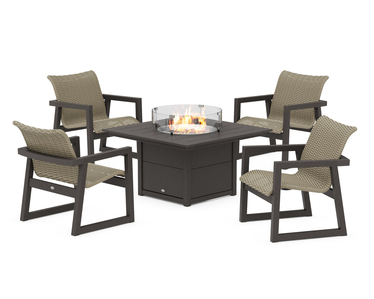 POLYWOOD EDGE Woven 5-Piece Lounge Chair Seating Set with Fire Pit Table in Vintage Coffee / Dune Grass
