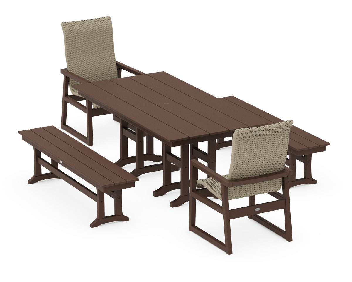 POLYWOOD EDGE Woven High-Back 5-Piece Farmhouse Dining Set with Benches in Mahogany / Dune Grass