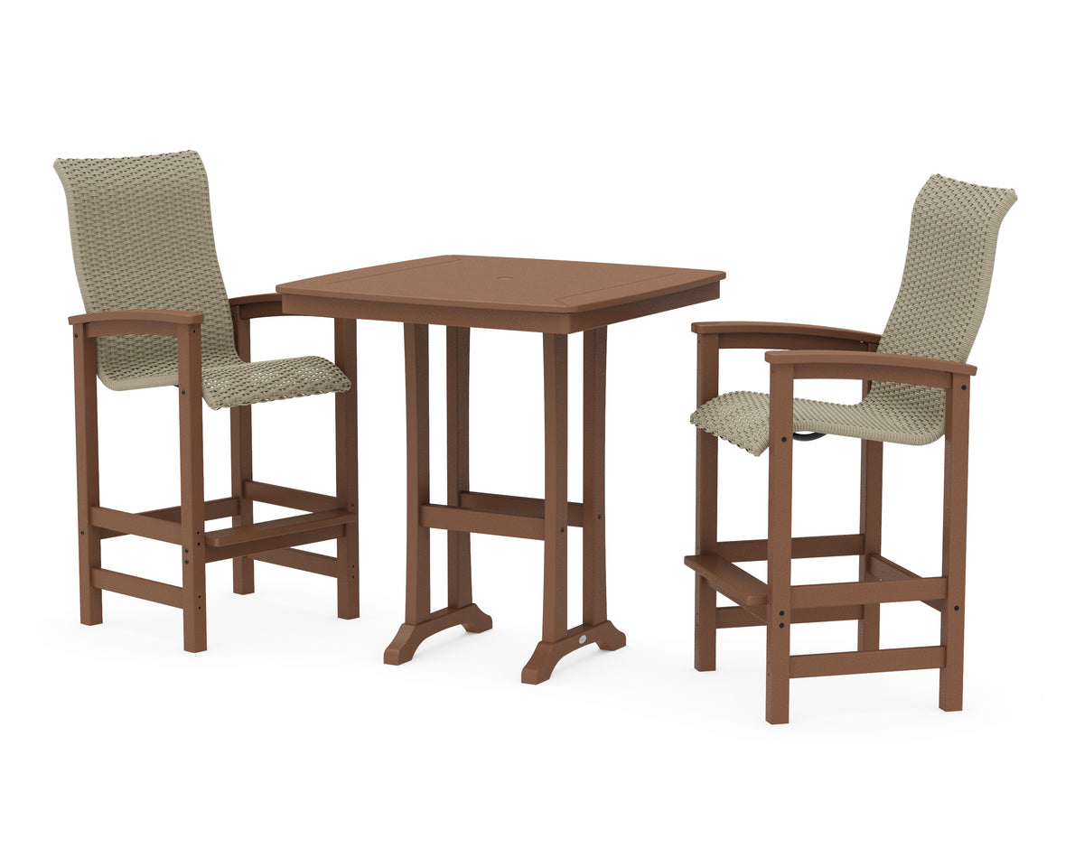 POLYWOOD Coastal Woven High-Back 3-Piece Bar Set in Teak / Dune Grass