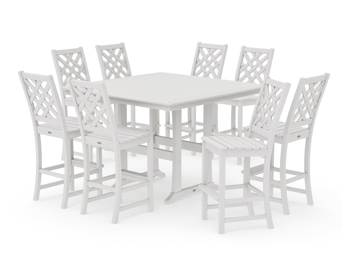 POLYWOOD Country Living Wovendale Side Chair 9-Piece Square Bar Set with Trestle Legs in Vintage White