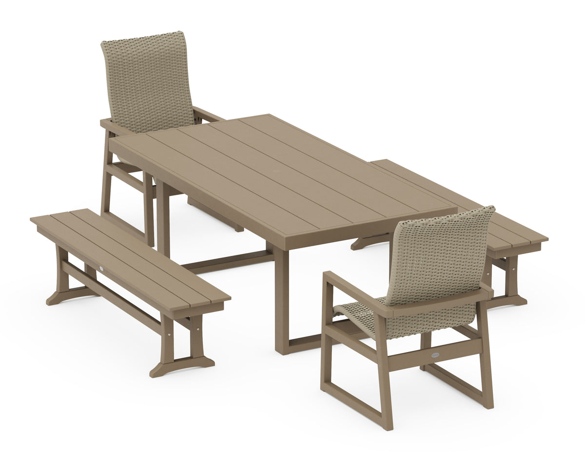 POLYWOOD EDGE Woven High-Back 5-Piece Dining Set with Benches in Vintage Sahara / Dune Grass