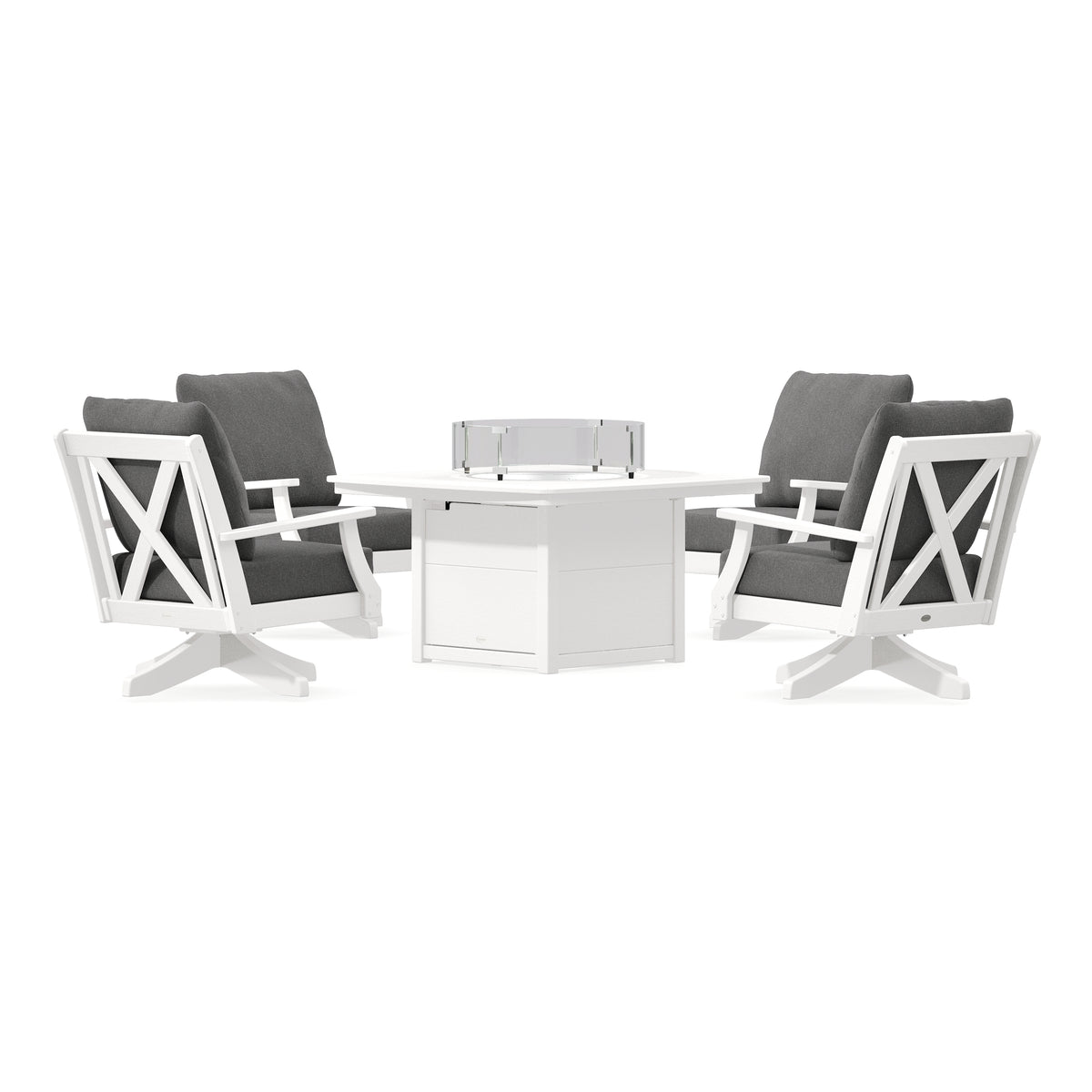 POLYWOOD Braxton 5-Piece Deep Seating Swivel Conversation Set with Fire Pit Table in Vintage White