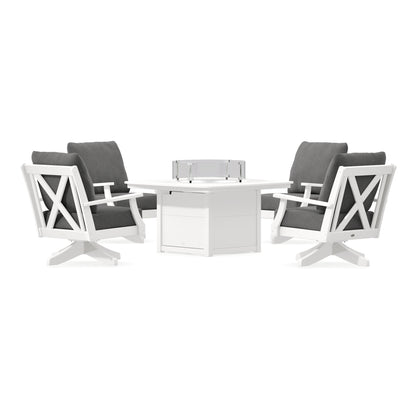 POLYWOOD Braxton 5-Piece Deep Seating Swivel Conversation Set with Fire Pit Table in Vintage White