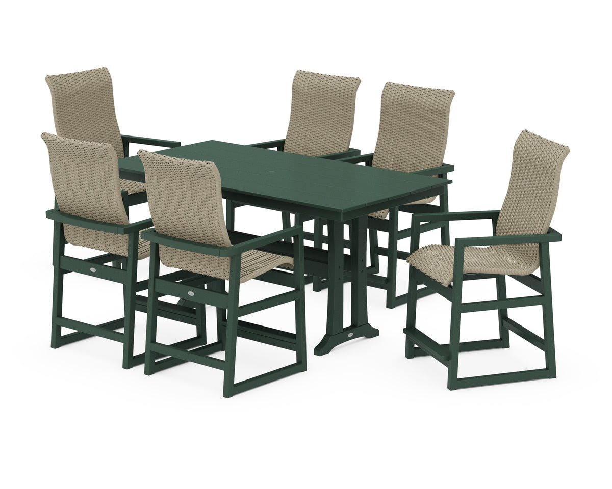 POLYWOOD EDGE Woven Highback Arm Chair 7-Piece Farmhouse Counter Set with Trestle Legs in Green / Dune Grass