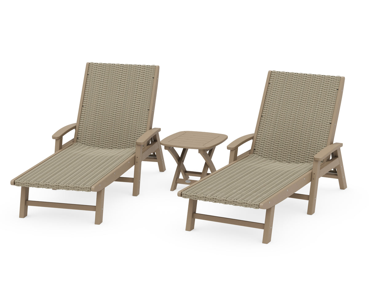 POLYWOOD 3-Piece Coastal Woven Chaise with Arms Lounge Set in Vintage Sahara / Dune Grass