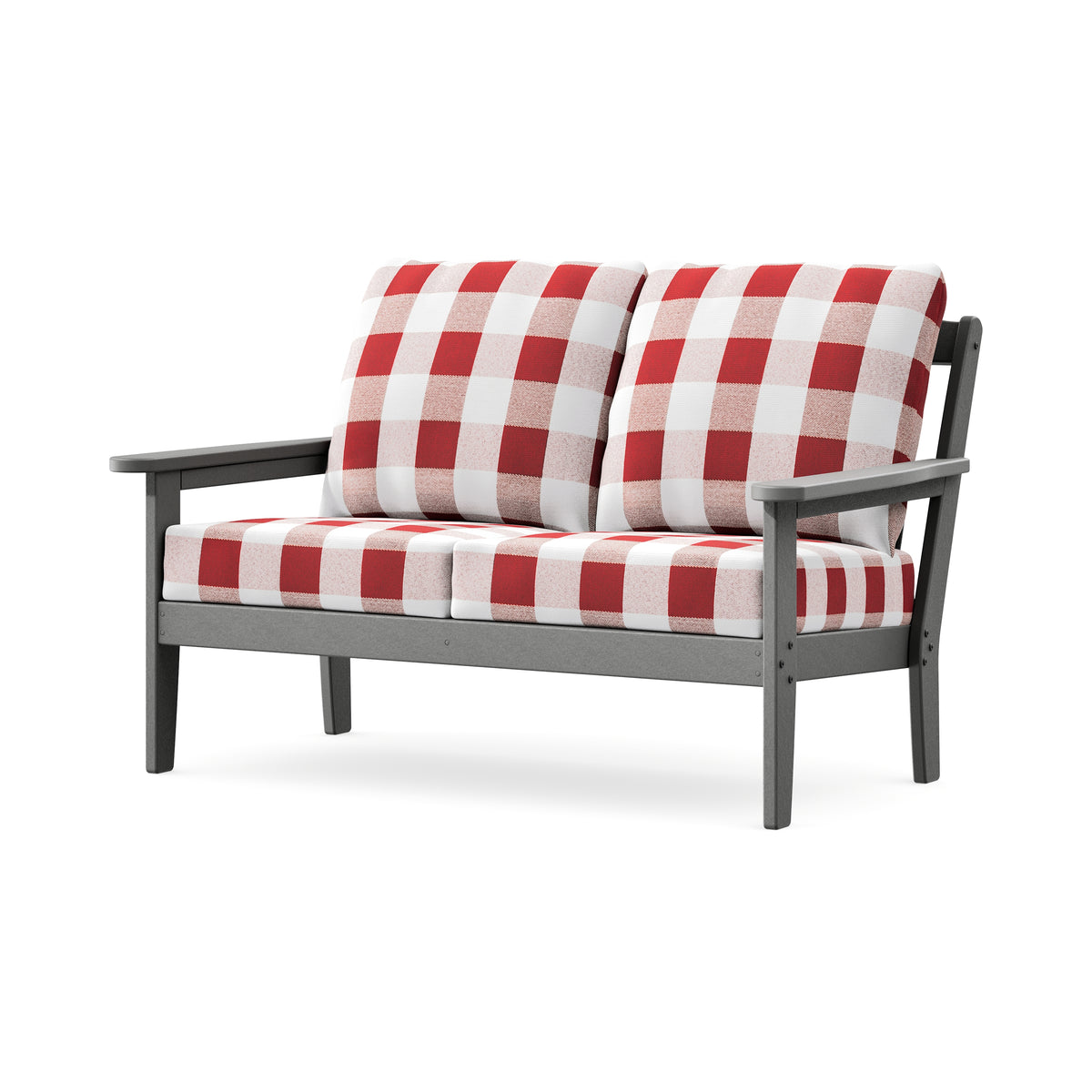 POLYWOOD Cottage Deep Seating Loveseat in Slate Grey / Buffalo Plaid Crimson