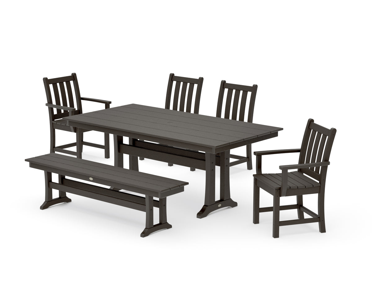 POLYWOOD Traditional Garden 6-Piece Farmhouse Dining Set with Trestle Legs and Bench in Vintage Coffee