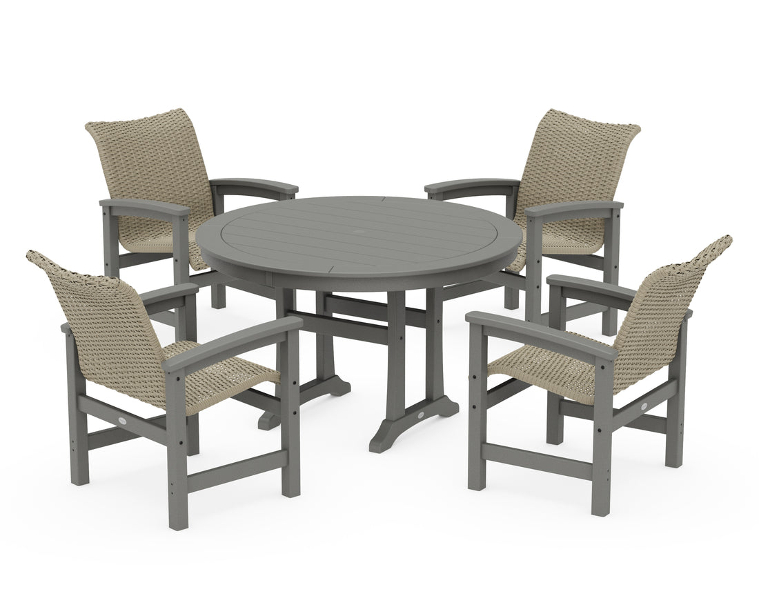 POLYWOOD Coastal Woven 5-Piece Round Dining Set with Trestle Legs in Slate Grey / Dune Grass