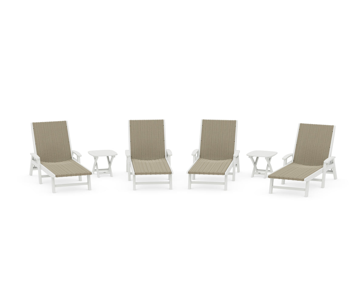 POLYWOOD 6-Piece Coastal Woven Chaise with Arms Lounge Set in Vintage White / Dune Grass