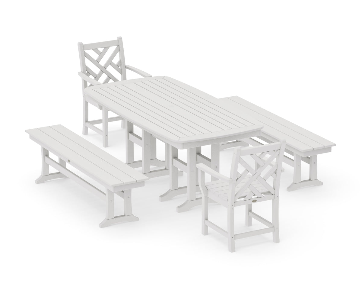 POLYWOOD Chippendale 5-Piece Dining Set with Benches - 37" x 72" Table in Vintage White