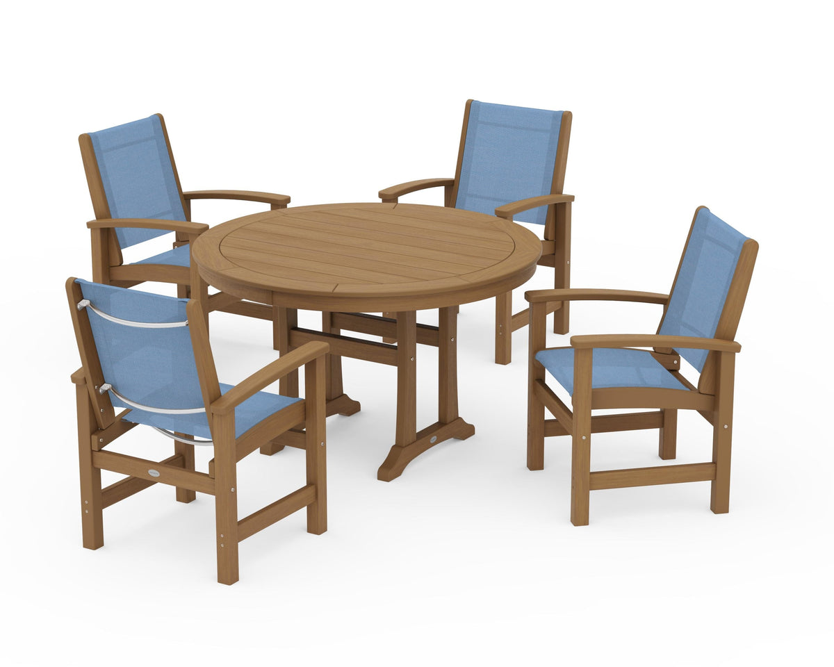 POLYWOOD Coastal 5-Piece Round Dining Set with Trestle Legs in Natural / Poolside
