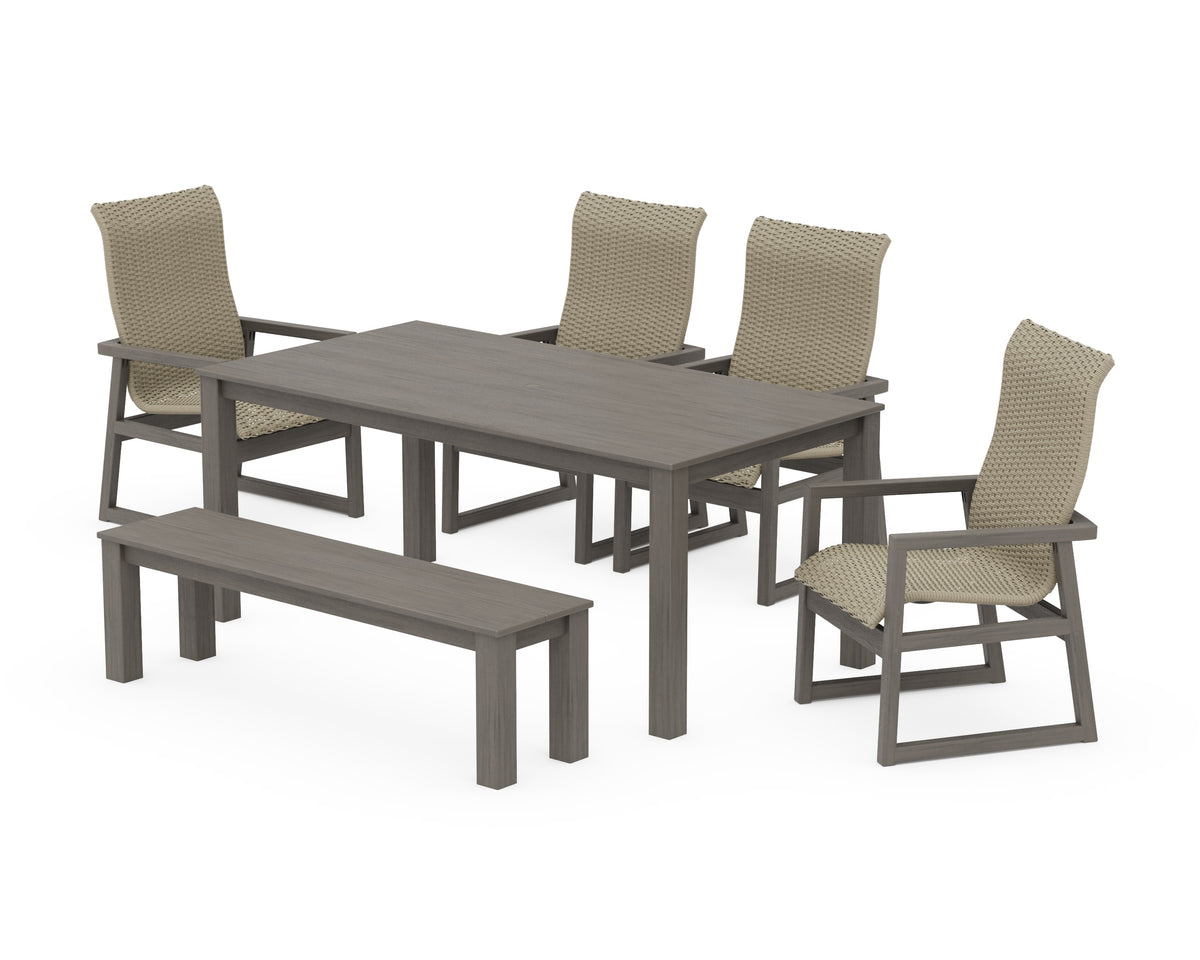 POLYWOOD EDGE Woven High-Back 6-Piece Parsons Dining Set with Bench in Driftwood / Dune Grass