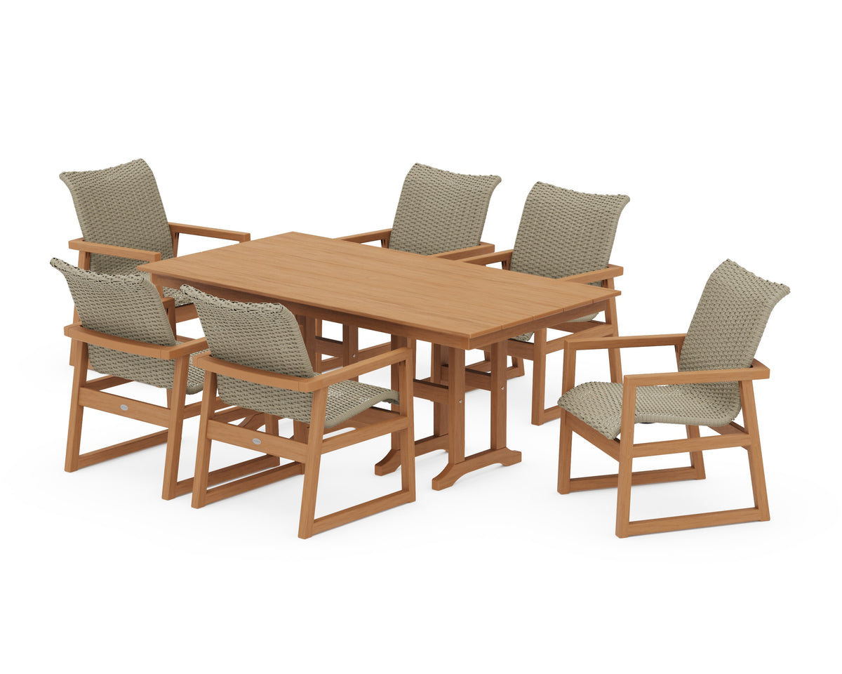 POLYWOOD EDGE Woven Arm Chair 7-Piece Farmhouse Dining Set in Natural / Dune Grass