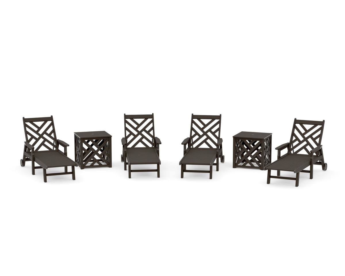 POLYWOOD Chippendale 6-Piece Chaise Set with Umbrella Stand Accent Table in Vintage Coffee