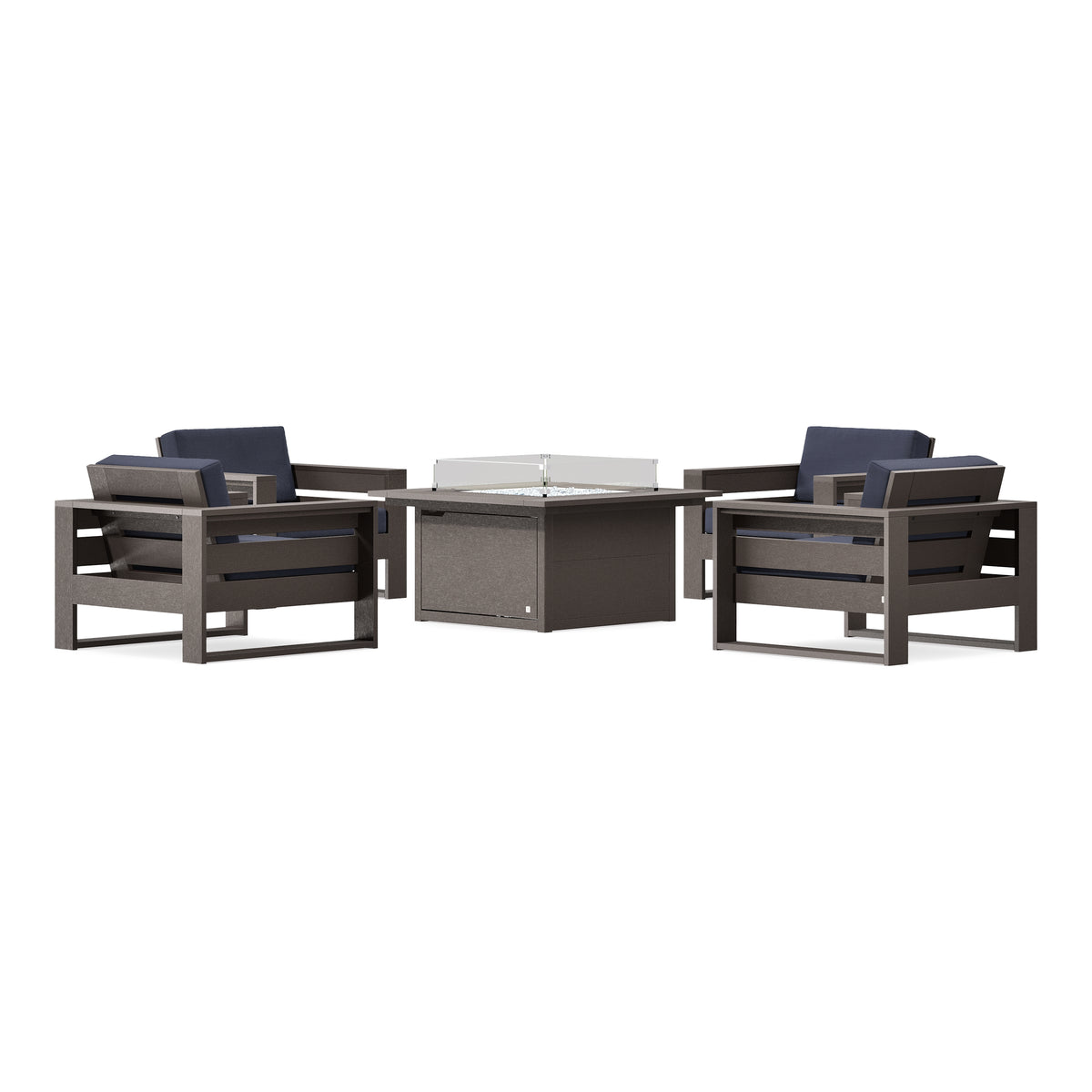 POLYWOOD PW Designer Series Latitude 5-Piece Lounge Fire Table Set in Vintage Coffee / Navy Linen