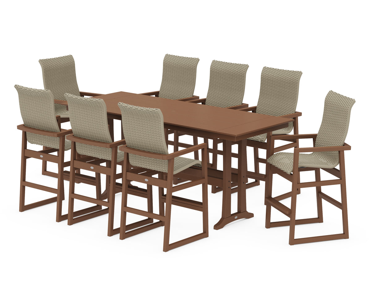 POLYWOOD EDGE Woven Highback 9-Piece Farmhouse Bar Set with Trestle Legs in Teak / Dune Grass