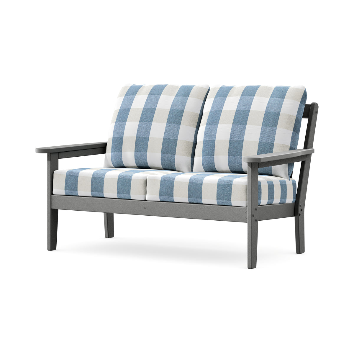 POLYWOOD Cottage Deep Seating Loveseat in Slate Grey / Buffalo Plaid Sky Blue
