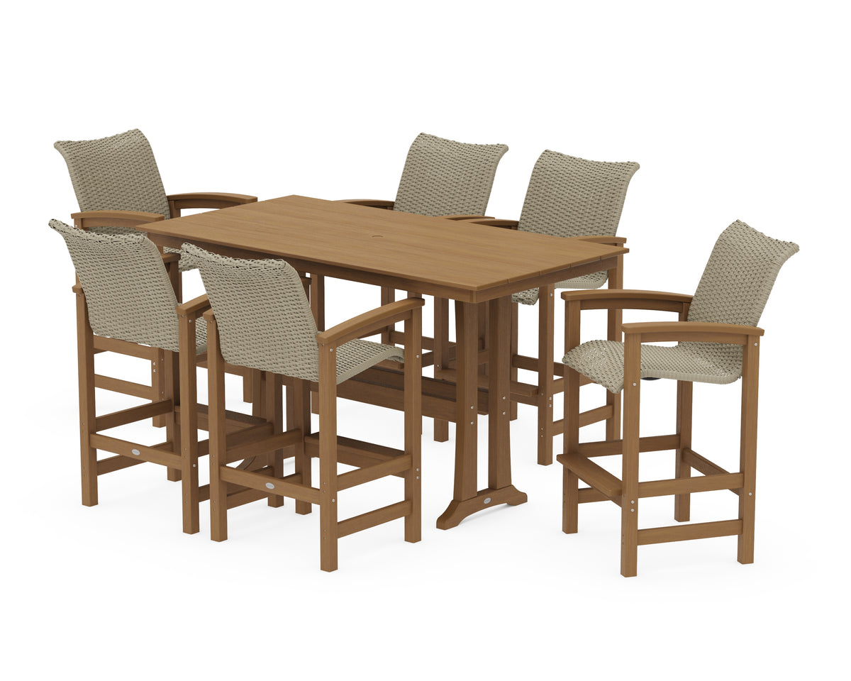 POLYWOOD Coastal Woven Arm Chair 7-Piece Farmhouse Bar Set with Trestle Legs in Natural / Dune Grass