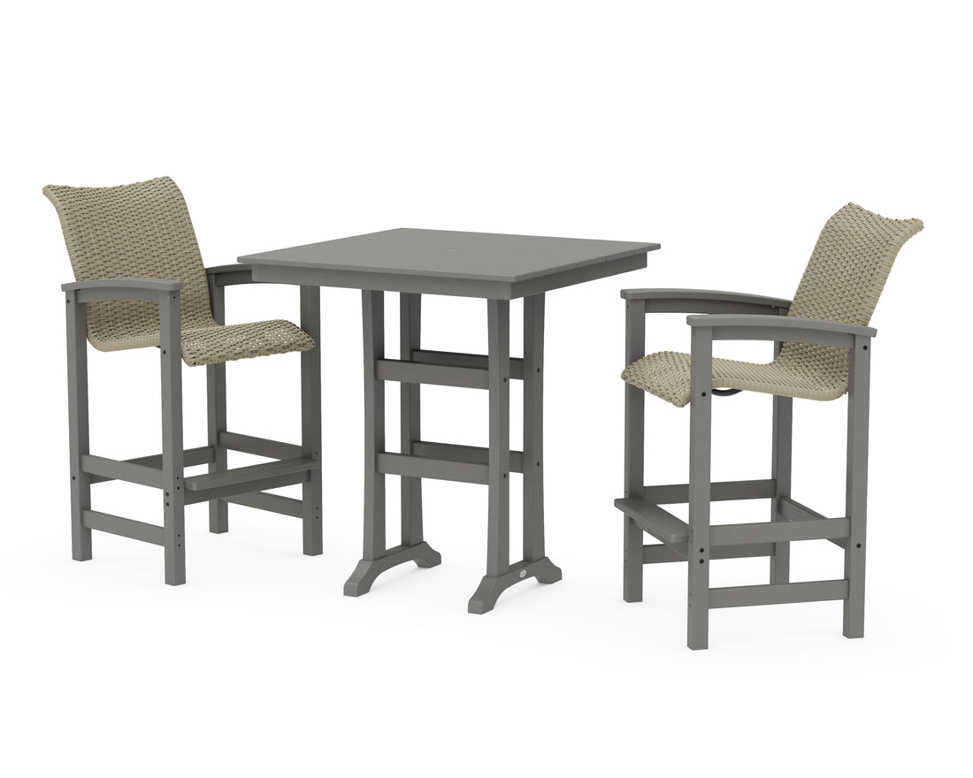 POLYWOOD Coastal Woven 3-Piece Farmhouse Bar Set with Trestle Legs in Slate Grey / Dune Grass