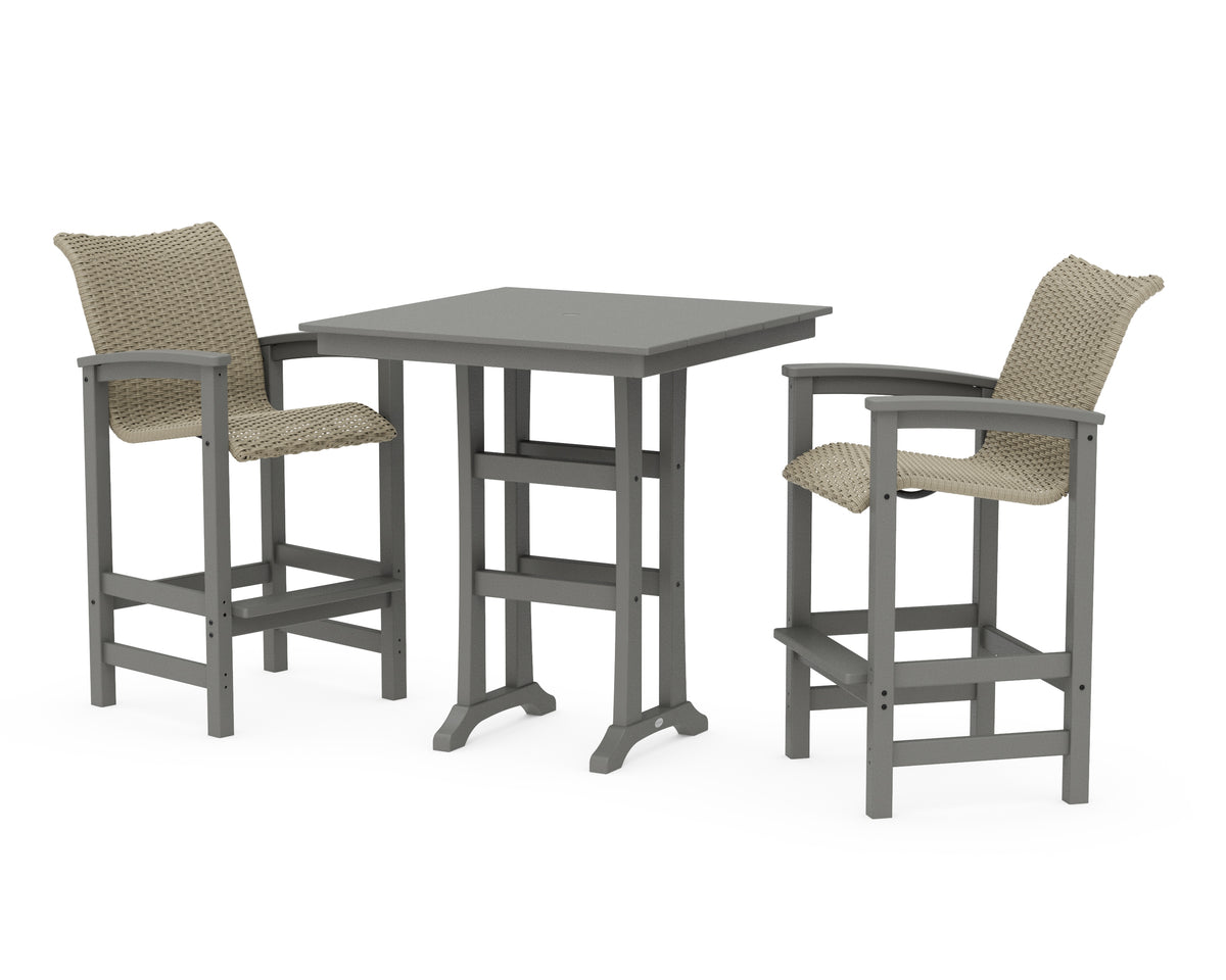 POLYWOOD Coastal Woven 3-Piece Farmhouse Bar Set with Trestle Legs in Slate Grey / Dune Grass