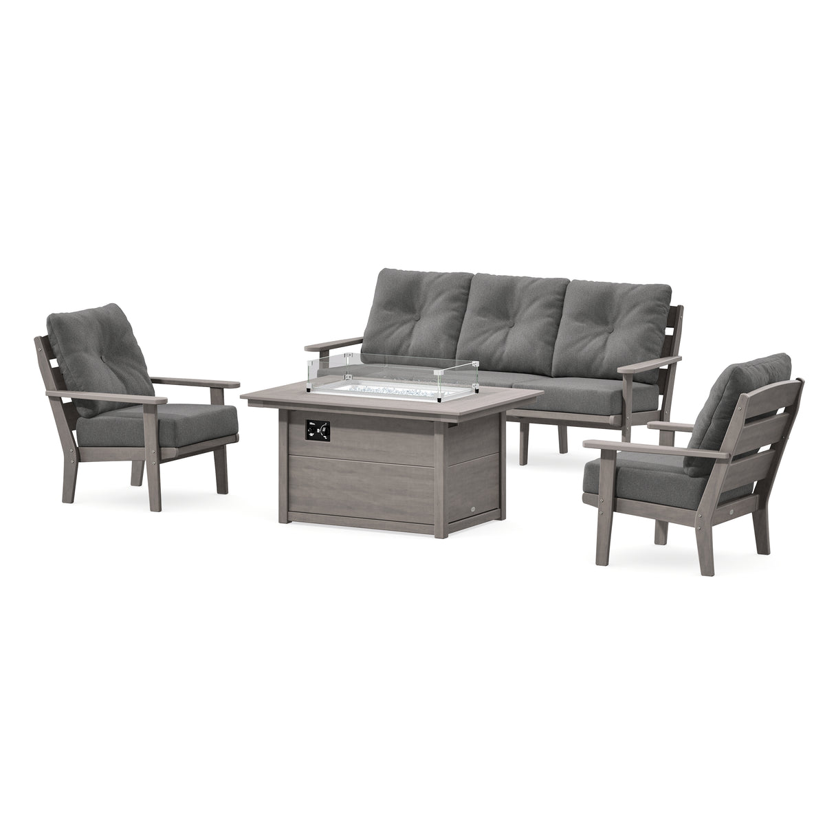 POLYWOOD Lakeside Deep Seating Fire Pit Table Set in Driftwood
