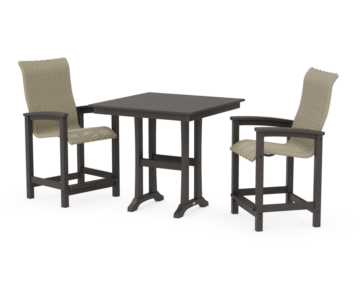 POLYWOOD Coastal Woven High-Back 3-Piece Farmhouse Counter Set with Trestle Legs in Vintage Coffee / Dune Grass