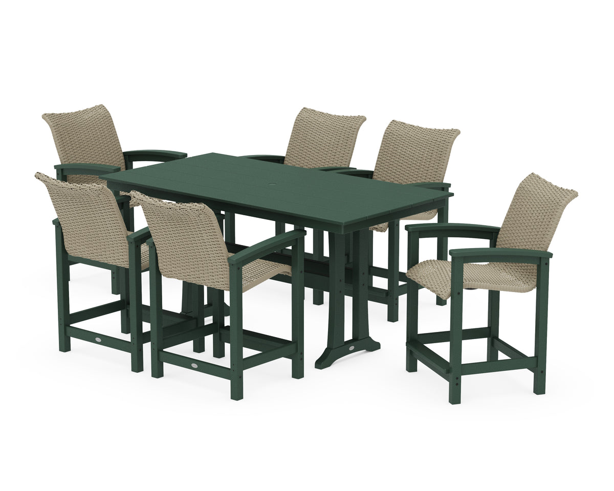POLYWOOD Coastal Woven Arm Chair 7-Piece Farmhouse Counter Set with Trestle Legs in Green / Dune Grass