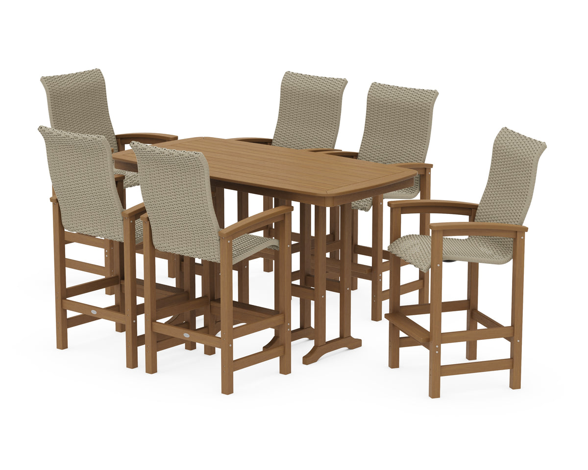 POLYWOOD Coastal Woven High-Back Arm Chair 7-Piece Bar Set in Natural / Dune Grass