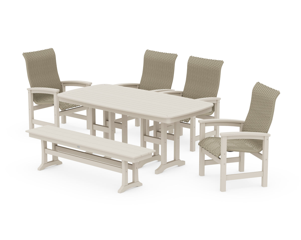 POLYWOOD Coastal Woven High-Back 6-Piece Farmhouse Dining Set with Bench with Nautical 37" x 72" Dining Table in Sand / Dune Grass