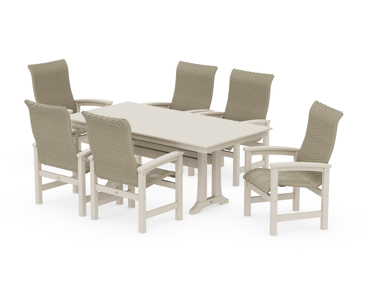 POLYWOOD Coastal Woven High-Back Arm Chair 7-Piece Farmhouse Dining Set with Trestle Legs in Sand / Dune Grass