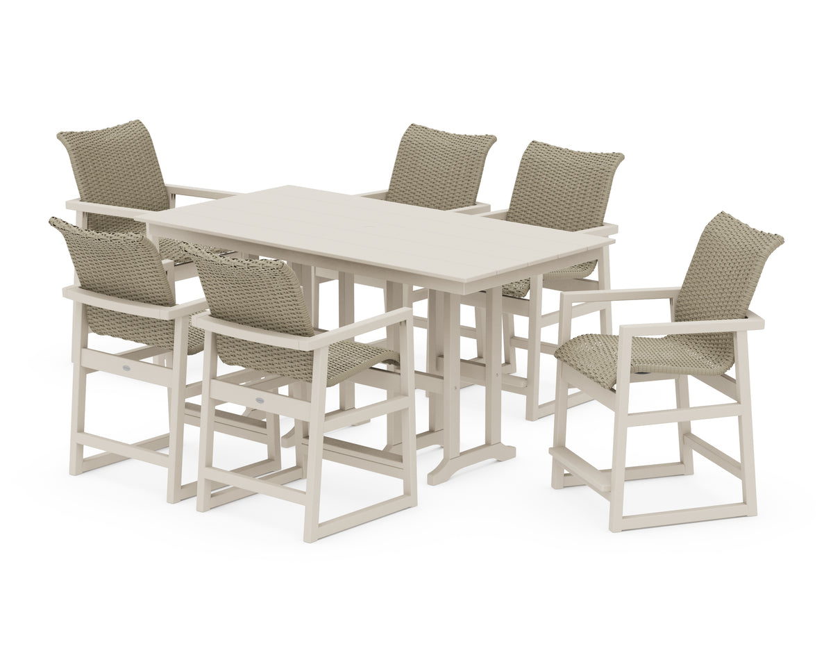 POLYWOOD EDGE Woven Arm Chair 7-Piece Farmhouse Counter Set in Sand / Dune Grass