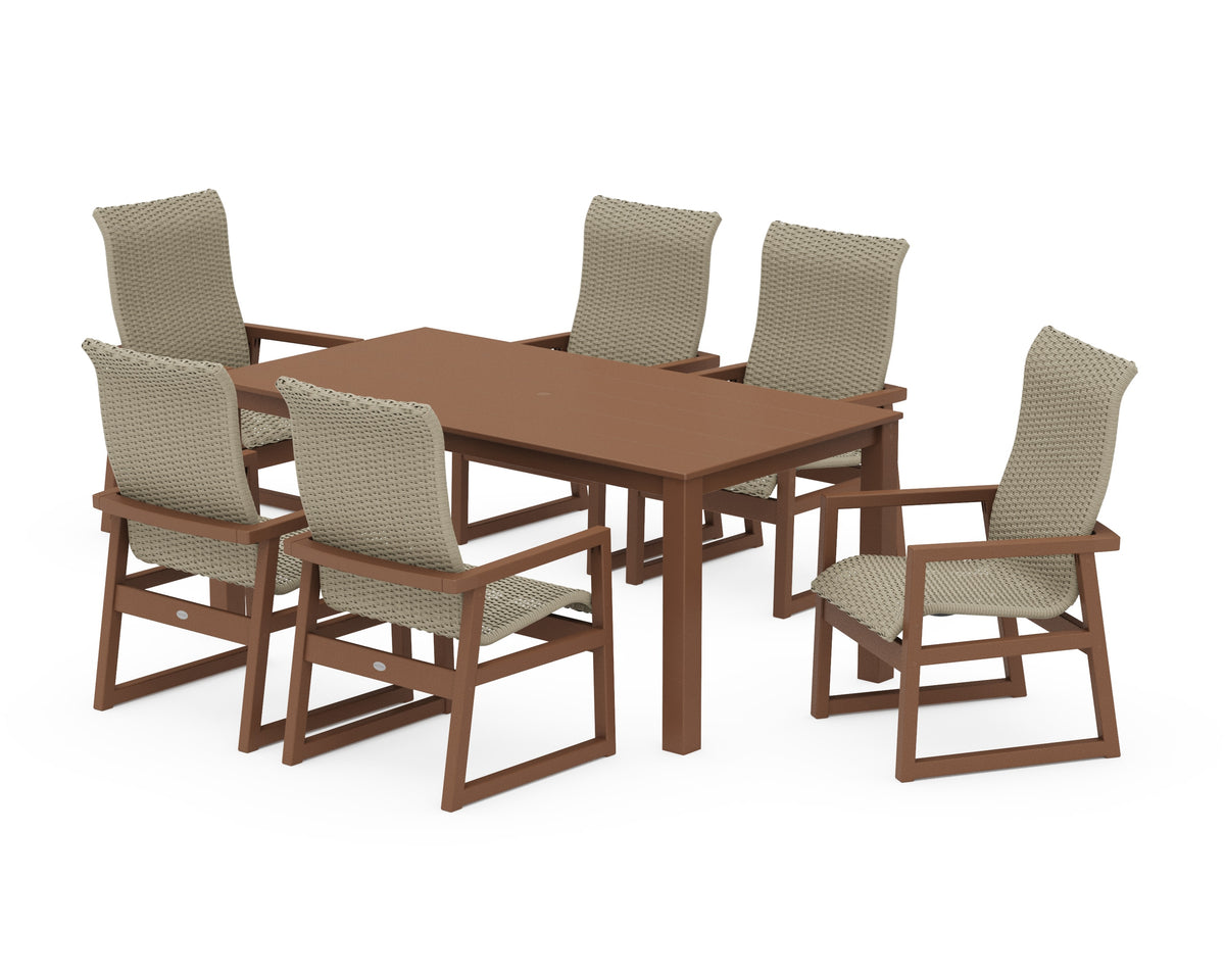 POLYWOOD EDGE Woven High-Back Arm Chair 7-Piece Parsons Dining Set in Teak / Dune Grass