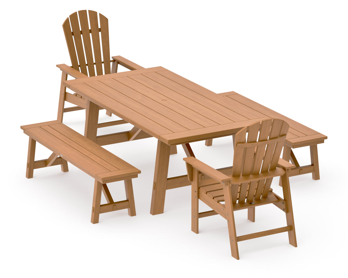 POLYWOOD South Beach 5-Piece Rustic Farmhouse Dining Set with Benches in Natural