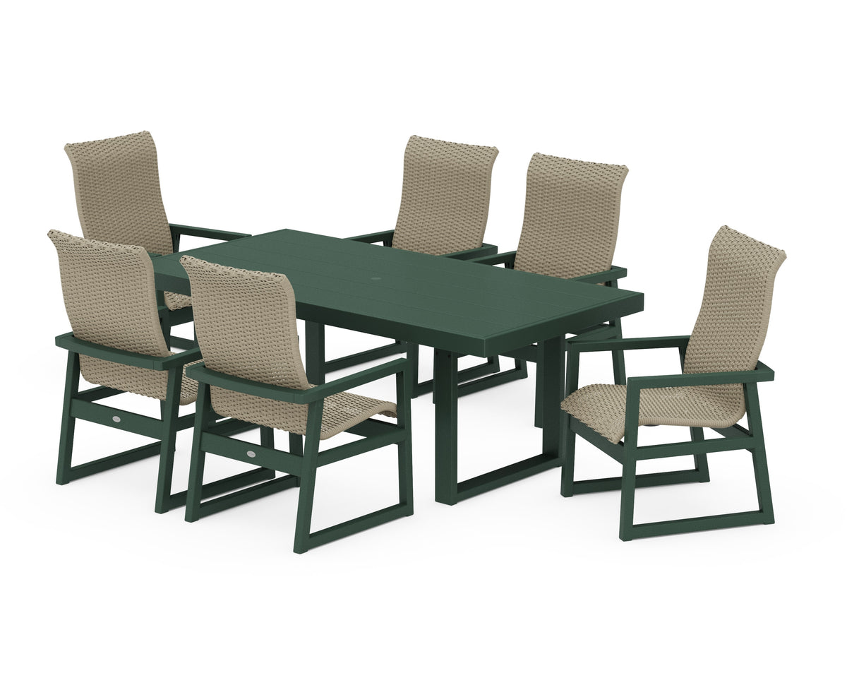 POLYWOOD EDGE Woven High-Back Arm Chair 7-Piece Dining Set in Green / Dune Grass