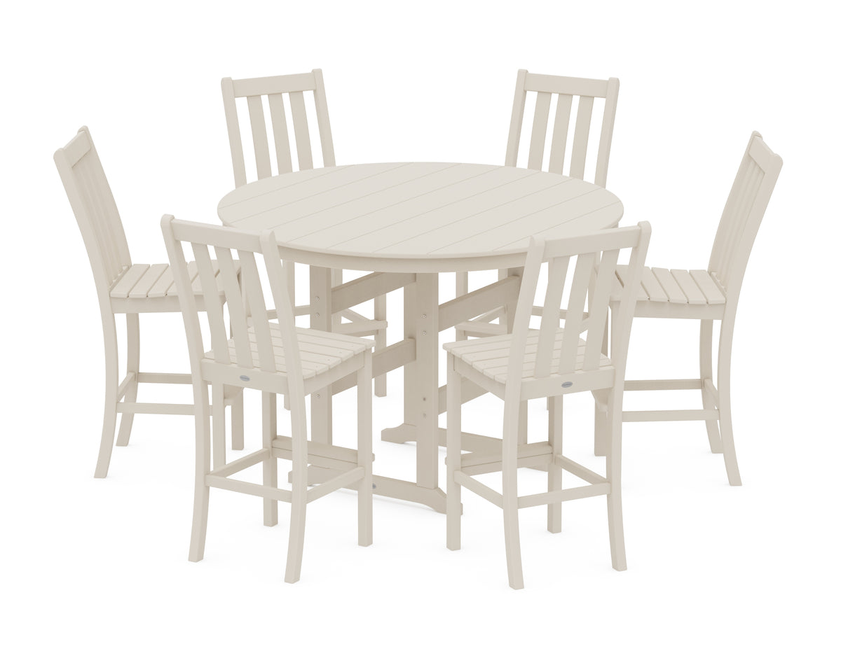 POLYWOOD Vineyard 7-Piece Side Chair Round Farmhouse Bar Set in Sand
