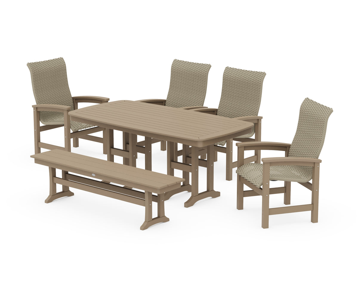 POLYWOOD Coastal Woven High-Back 6-Piece Farmhouse Dining Set with Bench with Nautical 37" x 72" Dining Table in Vintage Sahara / Dune Grass