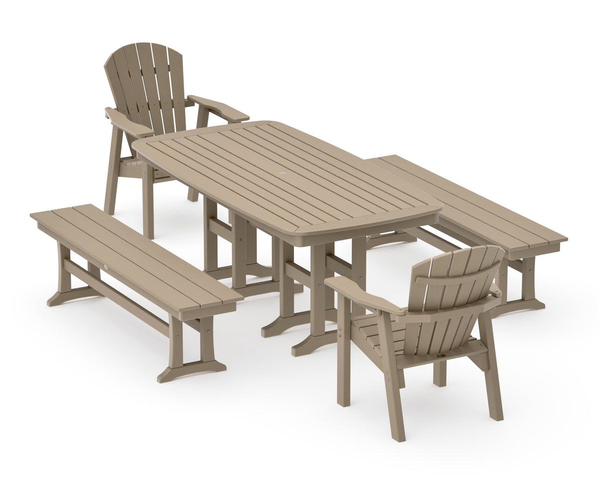 POLYWOOD Seashell 5-Piece Dining Set with Benches - 37" x 72" Table in Vintage Sahara